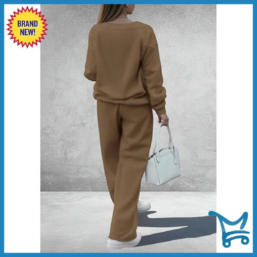 V-Neck Sweatshirt & Wide Leg Pants Set, Knit Fabric, Elastic Waist - Picture 3 of 8